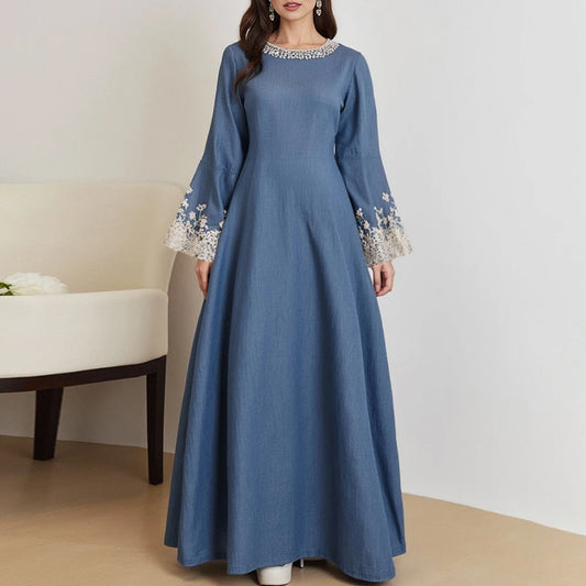 Rafiah Women's Solid Color
Dresses Summer Elegant Decent 2025 Long Sleeve Round-Neck Midi A Line Casual Long Dress