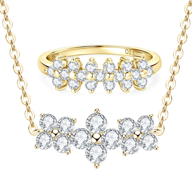 Lnngy Certified GRA Moissanite Ring Necklaces 925 Sterling Silver Cluster Flower Pendant Necklace Jewelry Set For Wedding Gift