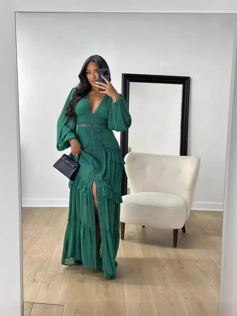 Maxi Dress Ruffles Long Sleeve Hollow Out Evening Dresses Party Chic Robe Green Blue Purple New In Holiday Summer