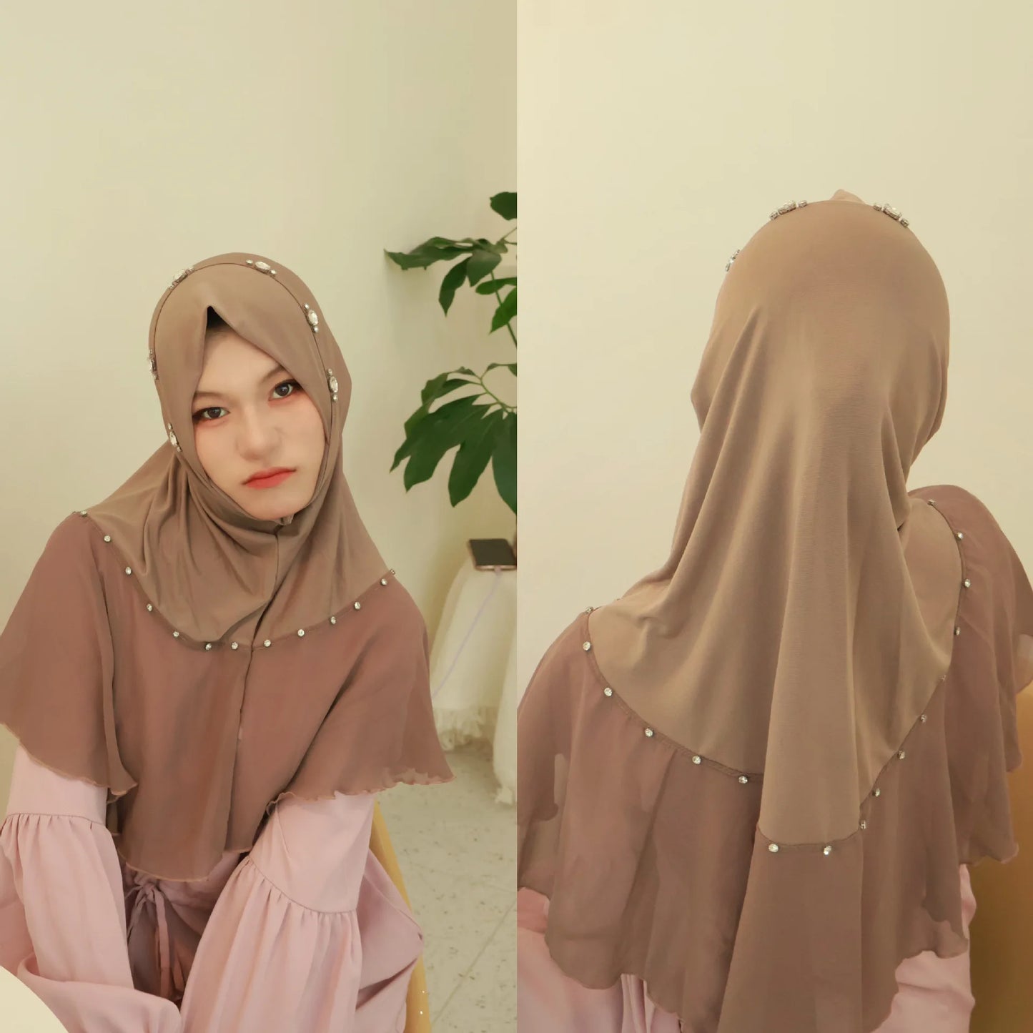 Women's Diamonds Turban One Piece Amira Muslim Hijab Islamic Instant Headwraps Scarf Shawl Dubai Pull On Headband Cap Arab