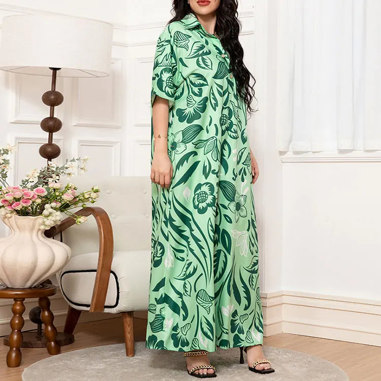 Rafiah Women's Dresses Summer Elegant 2025 Floral Opulent Short Sleeve Shirt Collar A-Line Midi Vacation Long Dresses