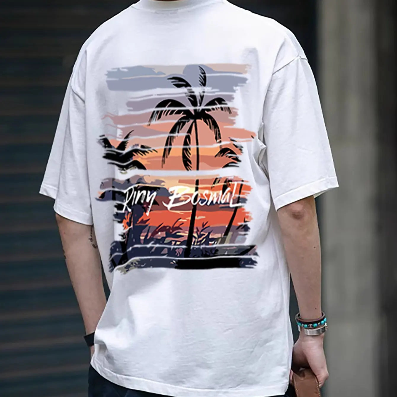 Men's 100% Cotton Casual Palm Tree Printed Short Sleeve T-Shirt