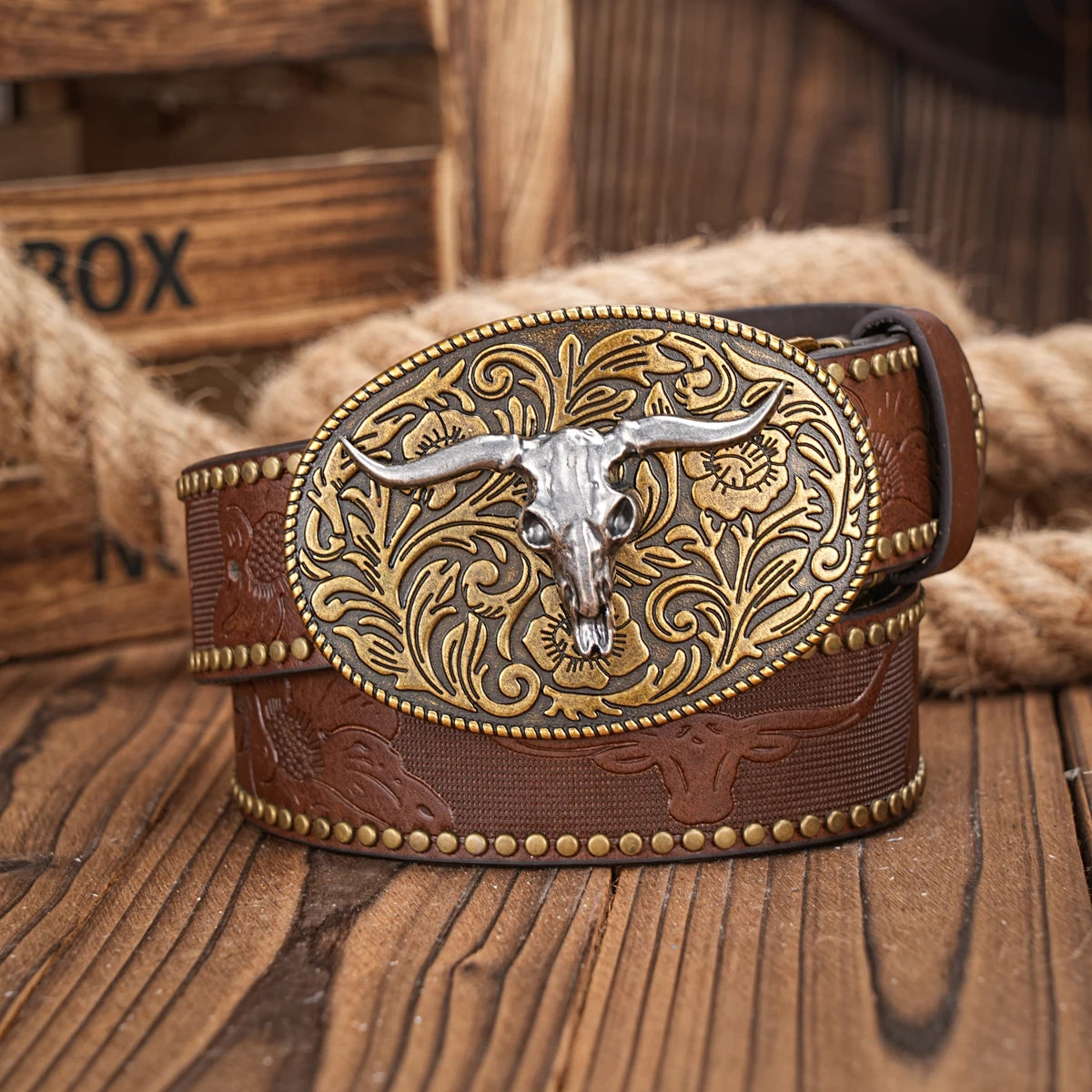 Western Cowboy PU Leather Belt - Men Waist Strap Bull Decoration Floral Engraved for Jeans