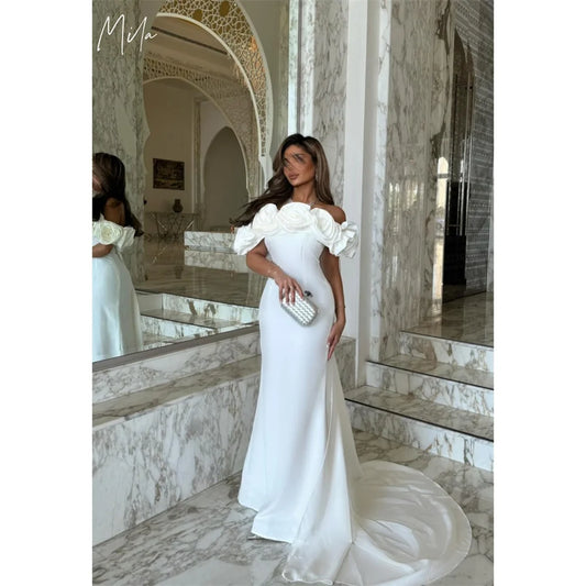 Mila Off Shoulder Customized White Evening Dresses Mermaid 3D Flower Prom Dress 2025 Court Zip Train Wedding Party Formal Gowns