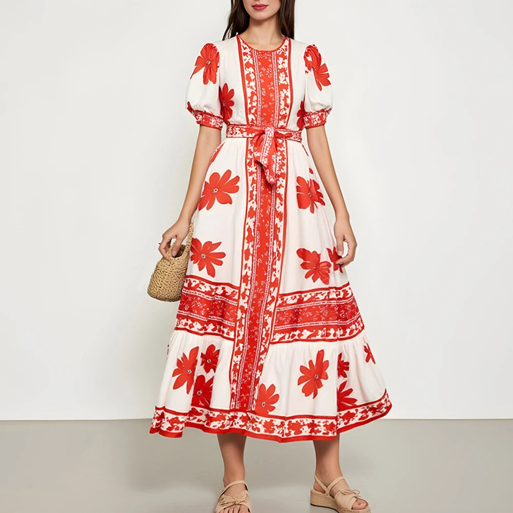 Rafiah Women's Dresses Summer Comfortable Elegant 2025 Floral Classic Short Sleeve Round Neck A-Line Midi Vacation Long Dress