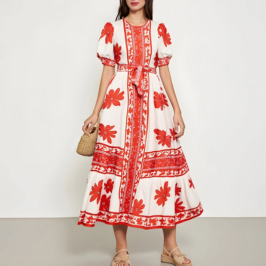 Rafiah Women's Dresses Summer Comfortable Elegant 2025 Floral Classic Short Sleeve Round Neck A-Line Midi Vacation Long Dress