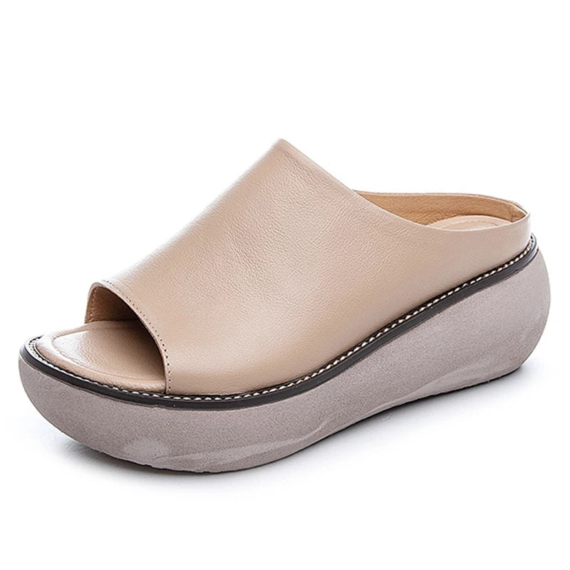 Women’s Genuine Leather Wedge Slippers – Handmade Summer Slides