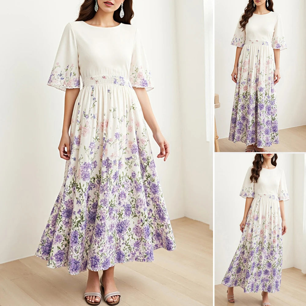 Rafiah Summer Arabian Dress 2025 Women's Decent Flower Full Print Folds Short Sleeve Round-Neck Daily Basic Midi Dress