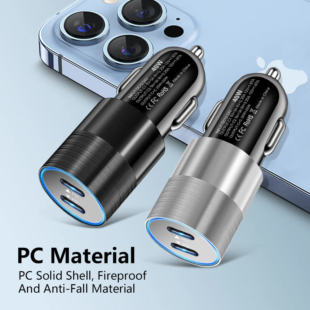 68W Dual USB Type C Car Charger Metal Auto PD Charger Adapter Fast Charging USB C Charger For CellPhone in Car For iPhone 13 12