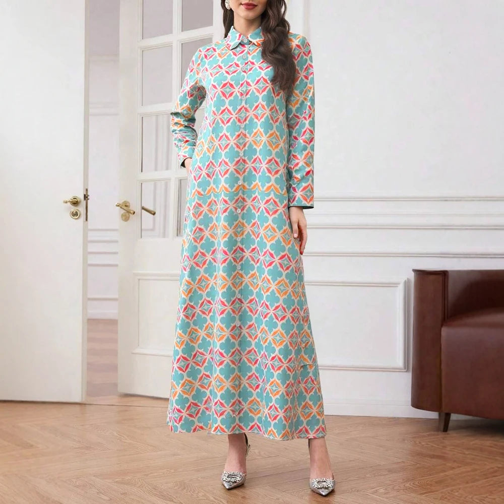 Rafiah Women's Long Dresses Summer Elegant 2025 Full Print Decent Long Sleeve Shirt Collar A-Line Midi Vacation Dresses