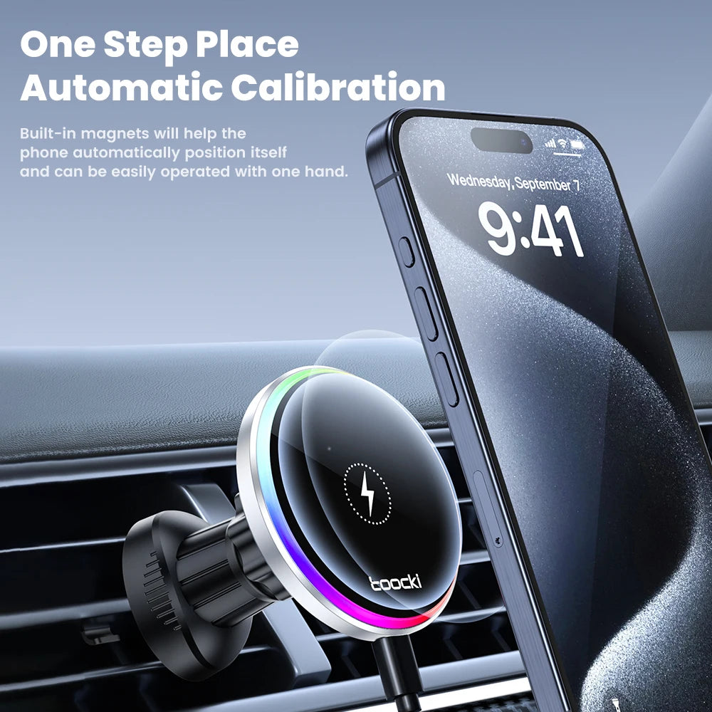 Toocki RGB Magnetic Car Phone Holder 15W Wireless Charger Car For iPhone 15 14 13 Pro Max Samsung Phone Car Charger Holder Stand