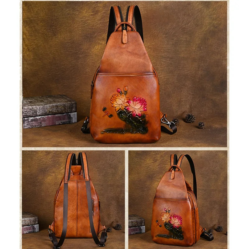 MOTAORA Genuine Leather Backpack Women Retro Embossed Cowhide Shoulder Bag Travel Backpack Casual Work & Luxury Purse