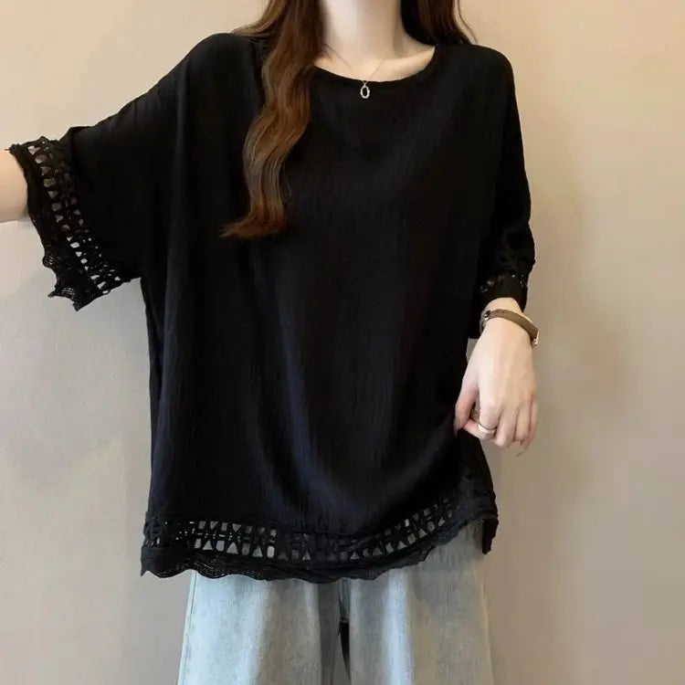 Lace Hollow out Texture ort Sve Women's T-irt Summer plus Size Conceals Belly Slimming Faionable Top Korean Sle