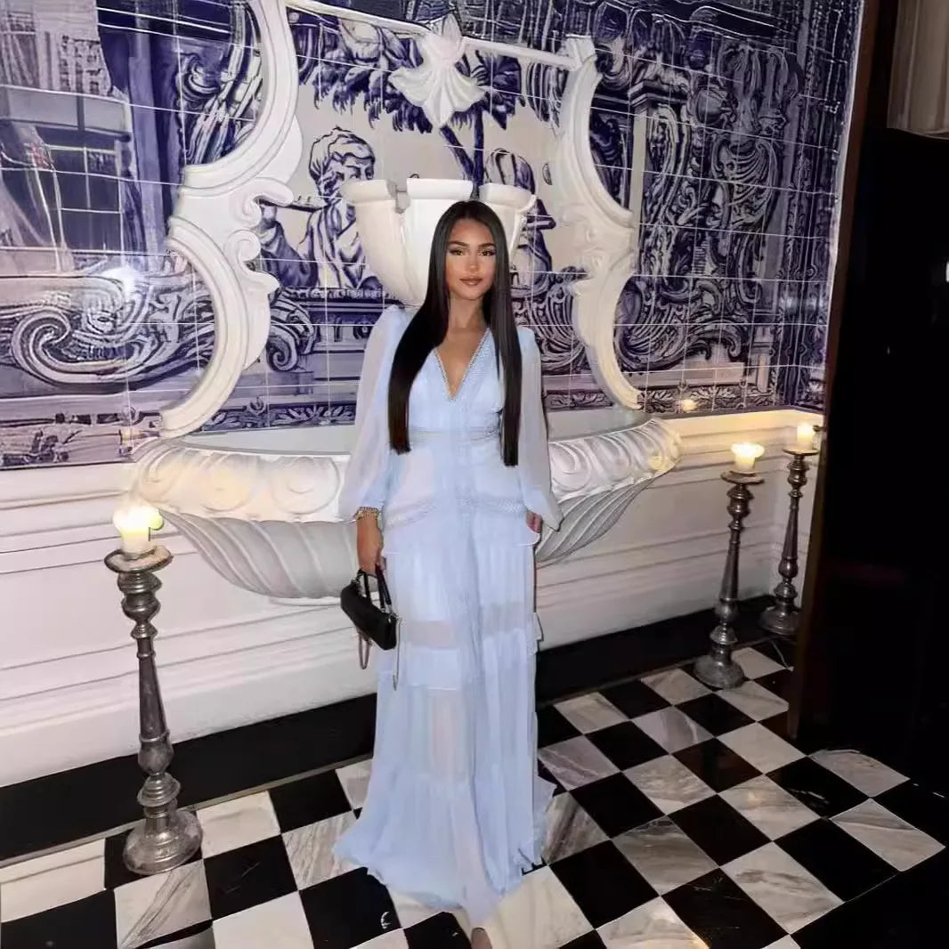 Maxi Dress Ruffles Long Sleeve Hollow Out Evening Dresses Party Chic Robe Green Blue Purple New In Holiday Summer