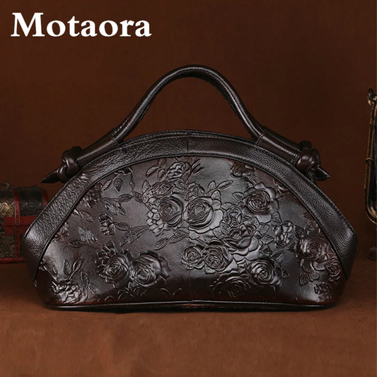 MOTAORA 2025 New Women Shoulder Bag Luxury Genuine Leather Handbag Female Oil Wax Cowhide Retro Embossed High Quality Ladies Bag