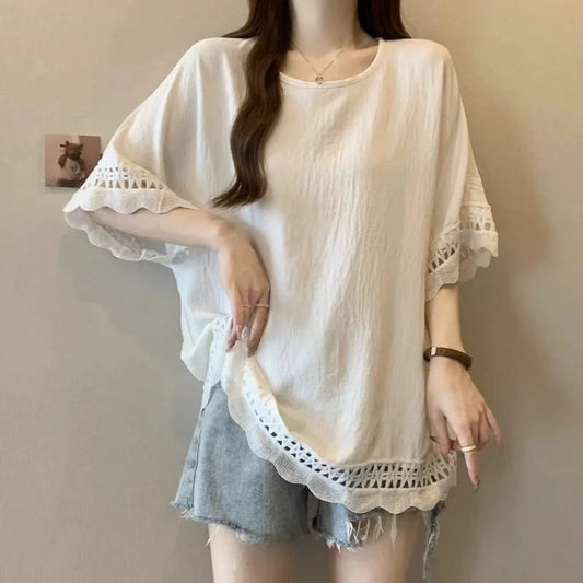 Lace Hollow out Texture ort Sve Women's T-irt Summer plus Size Conceals Belly Slimming Faionable Top Korean Sle