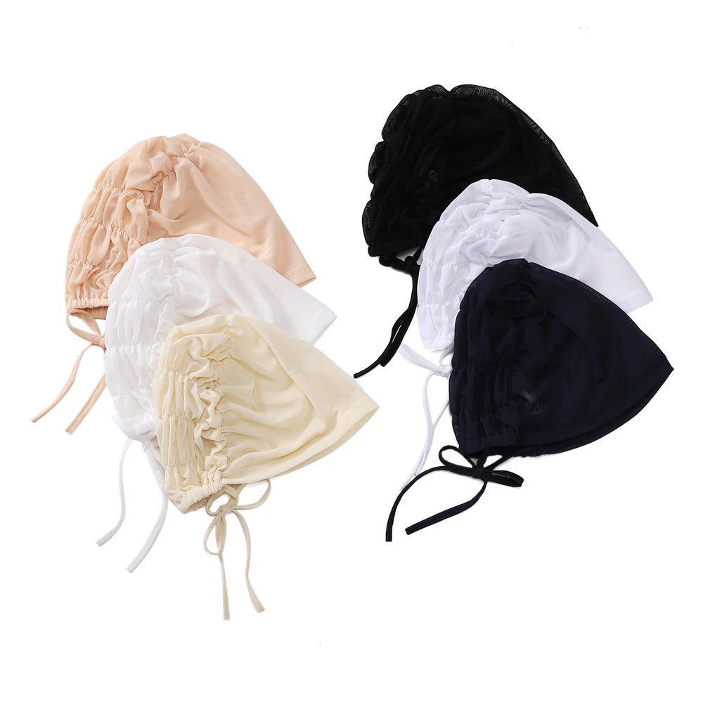 Solid Color Turban Caps for Muslim Women Inner Mesh Hijab Islamic Stretch Underscarf Bonnets Head Wraps Scarves Summer
﻿