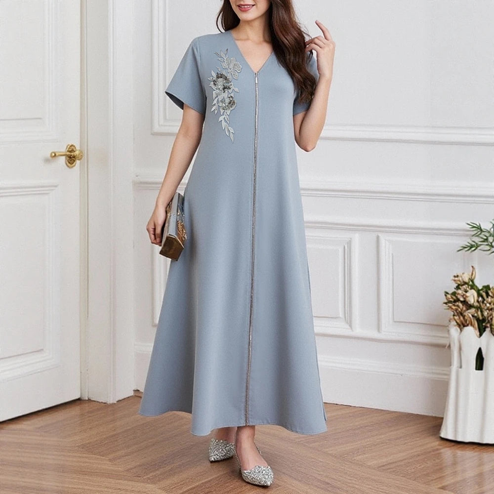 Rafiah Women's Dresses Summer Casual Basics Floral Appliques Zipper Short Sleeve V-Neck Midi Long Dress Shift Daily Dresses