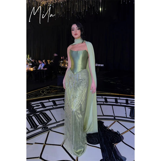 Mila Light Green Strapless Customized Party Dresses Chic Shawl Sleeveless Prom Dresses 2025 Elegant Floor-Length Evening Dresses