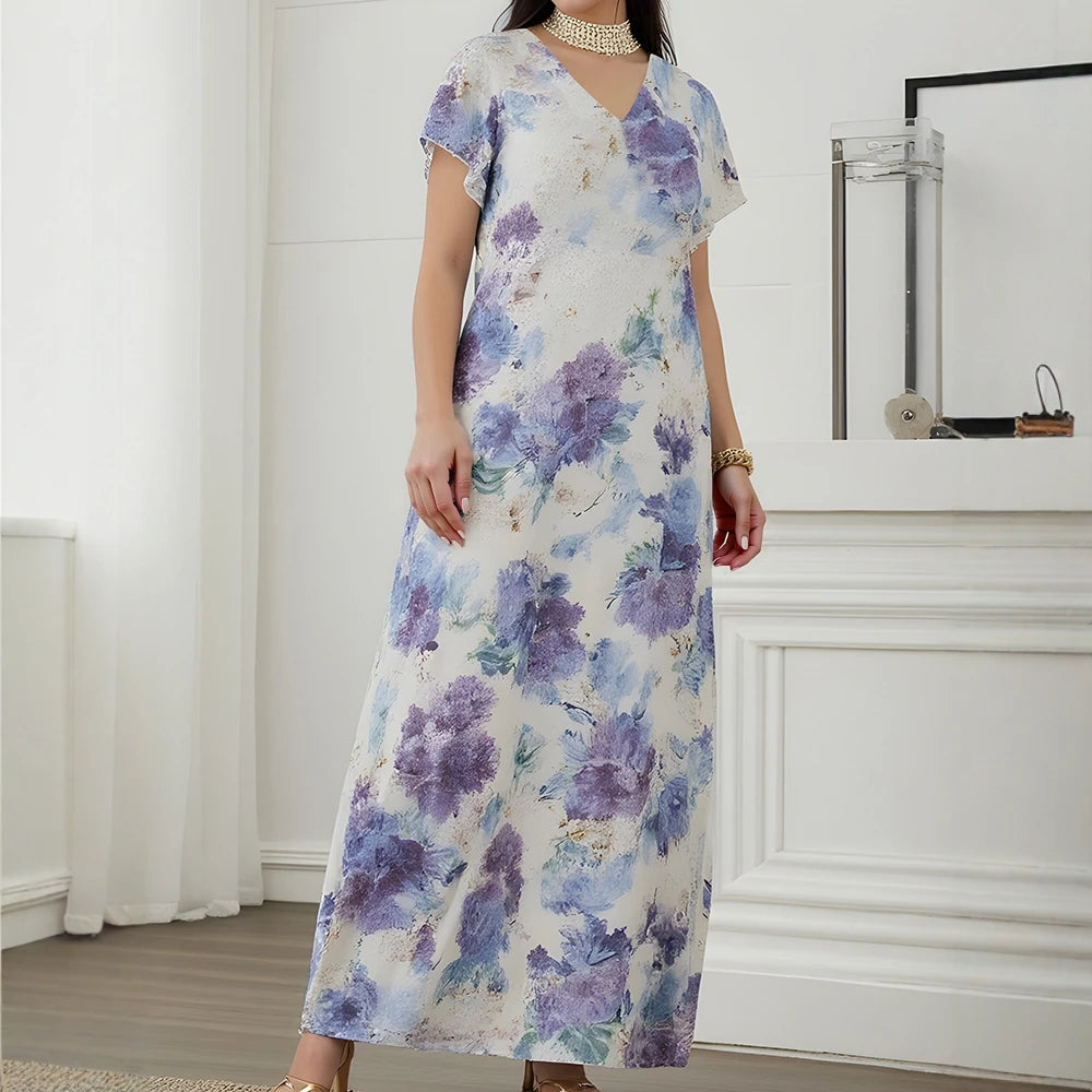 Rafiah Women's Dresses Summer 2025 Elegant Floral Print Contrast Color Short Sleeve V-Neck Daily Fashion Loose Dresses