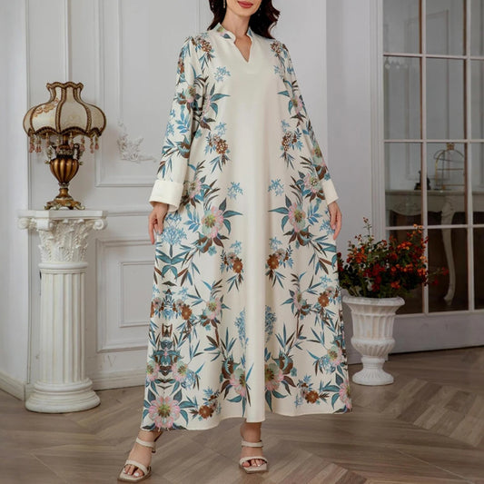 Rafiah Summer Dress 2025 Women's Arabian Elegant Botanical Print Rolled Long Sleeve Half Open Collar A-Line Midi Dress