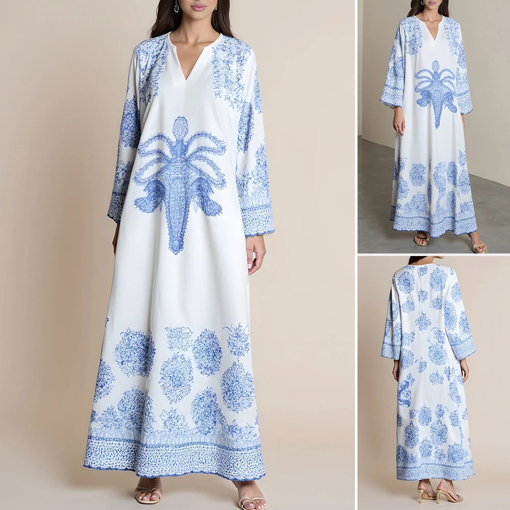 Rafiah Women's Dresses Summer Elegant Decent 2025 Floral Full Print Y2k Long Sleeve V-Neck Midi A Line Long Dresses