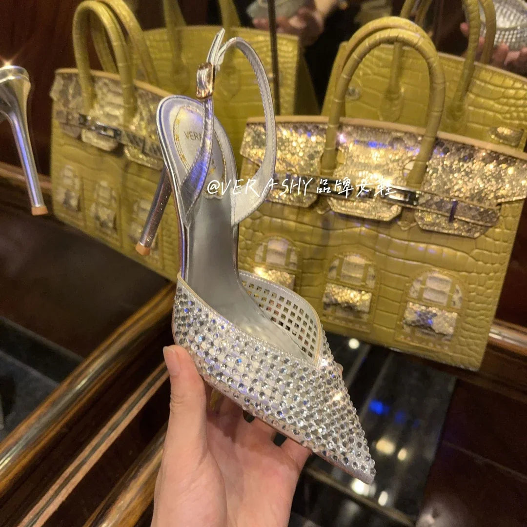 Luxury Rhinestones Sequined Buckle Women Pumps Elegant Pointed toe Slingbacks Stiletto High heels Spring Summer Fashion Shoes