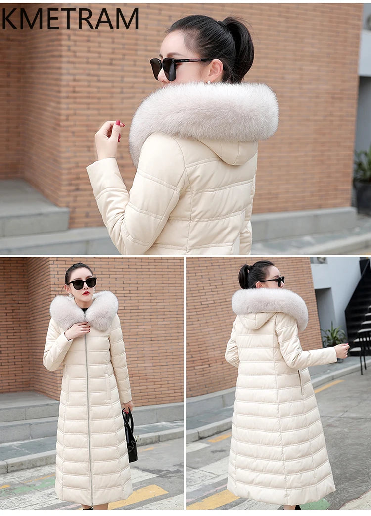 KMETRAM Winter Long Length Coats for Women Clothing Sheepskin Down Jackets White Duck Down Fox Fur Collar Casaco Feminino