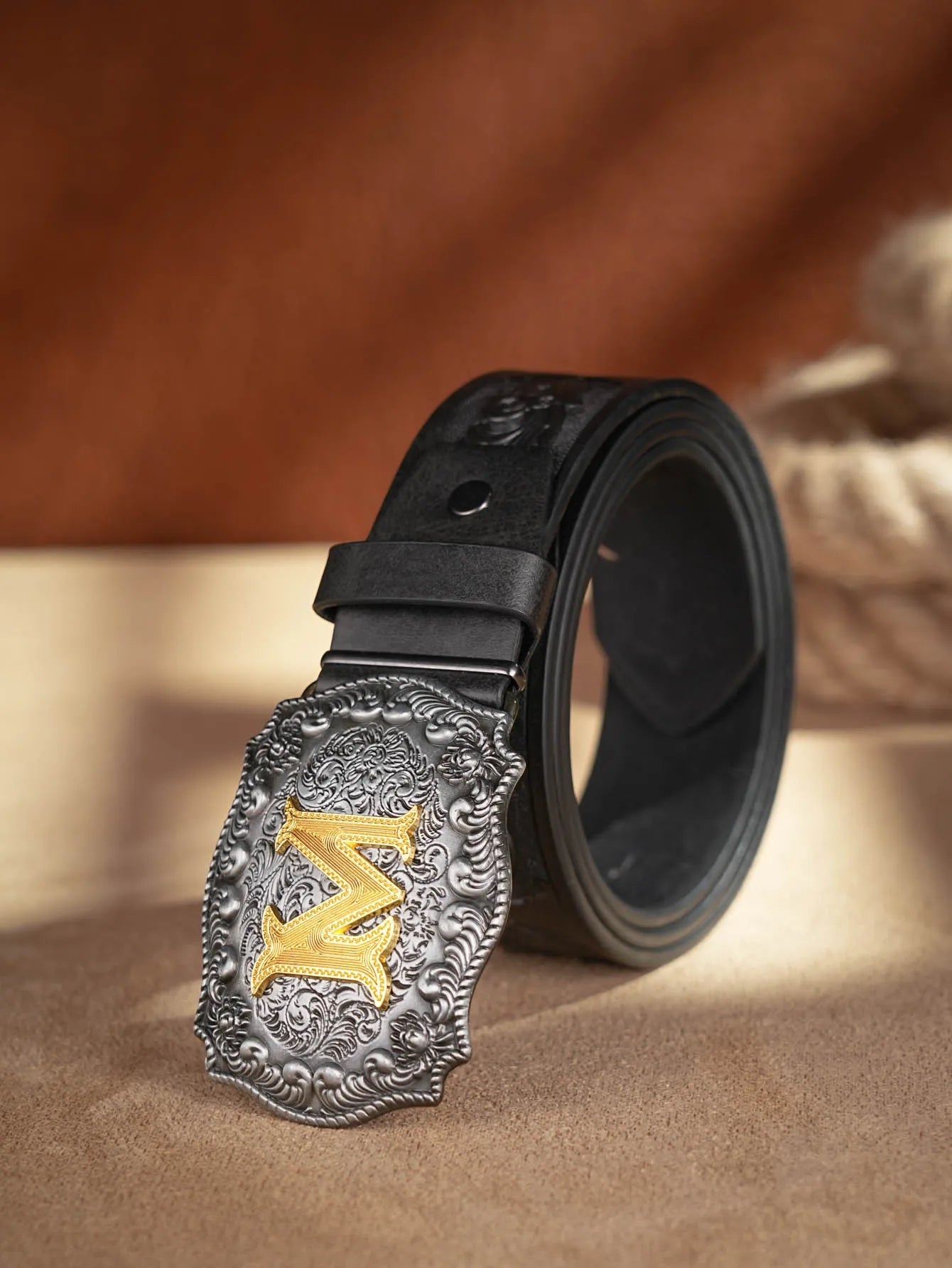 Western Cowboy PU Leather Belt - Men Waist Strap Bull Decoration Floral Engraved for Jeans