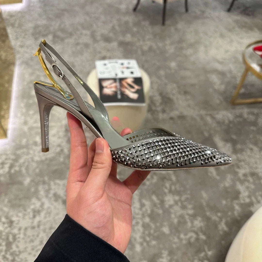 Luxury Rhinestones Sequined Buckle Women Pumps Elegant Pointed toe Slingbacks Stiletto High heels Spring Summer Fashion Shoes