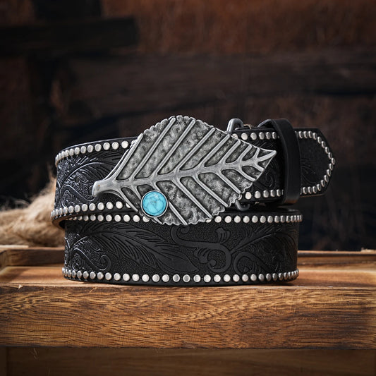Men & Women-Western-Cowboy-PU Leather-Belts - Vintage horse Belt Floral Engraved Buckle Belt for Jeans