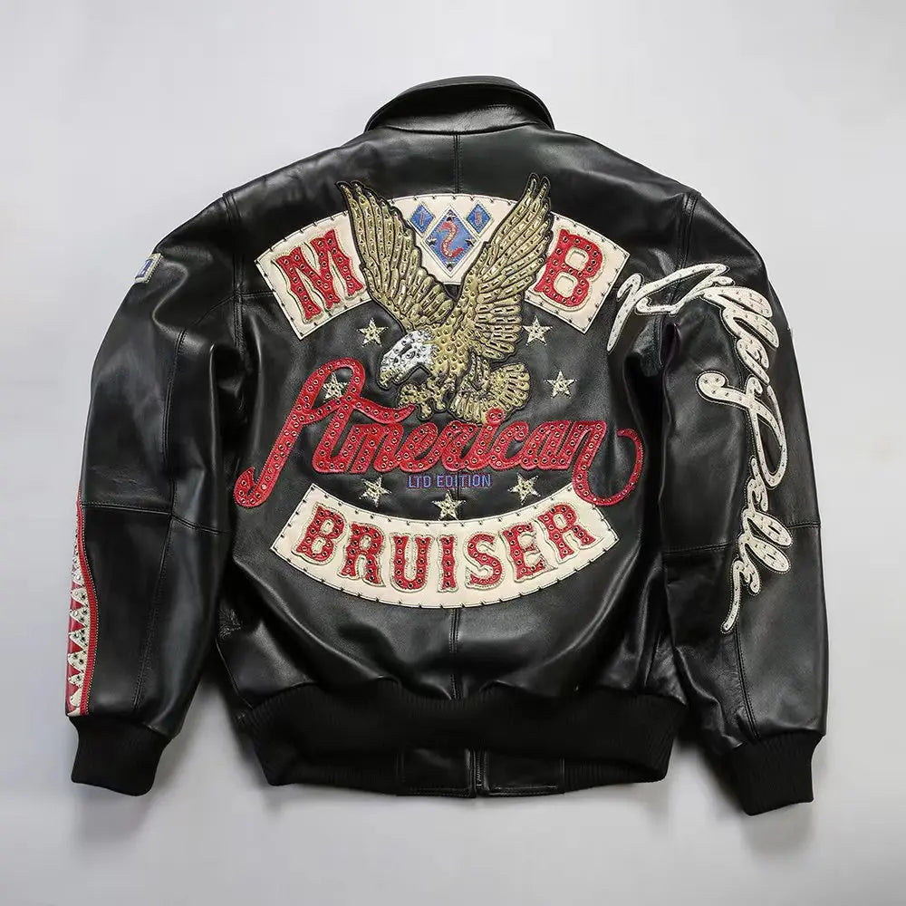 US size men's Hip Hop Sheep skin Varsity Jacket Embroidered Diamond Classic Casual Sport genuine leather Coat tops
