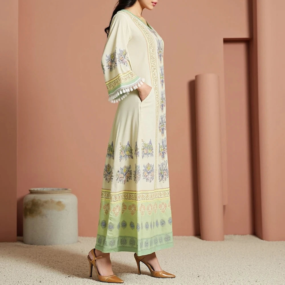 Rafiah Women's Summer Arabian Dress 2025 Classic Sophisticated Tassel Long Sleeve V-Neck Maxi Casual Shift Dresses
