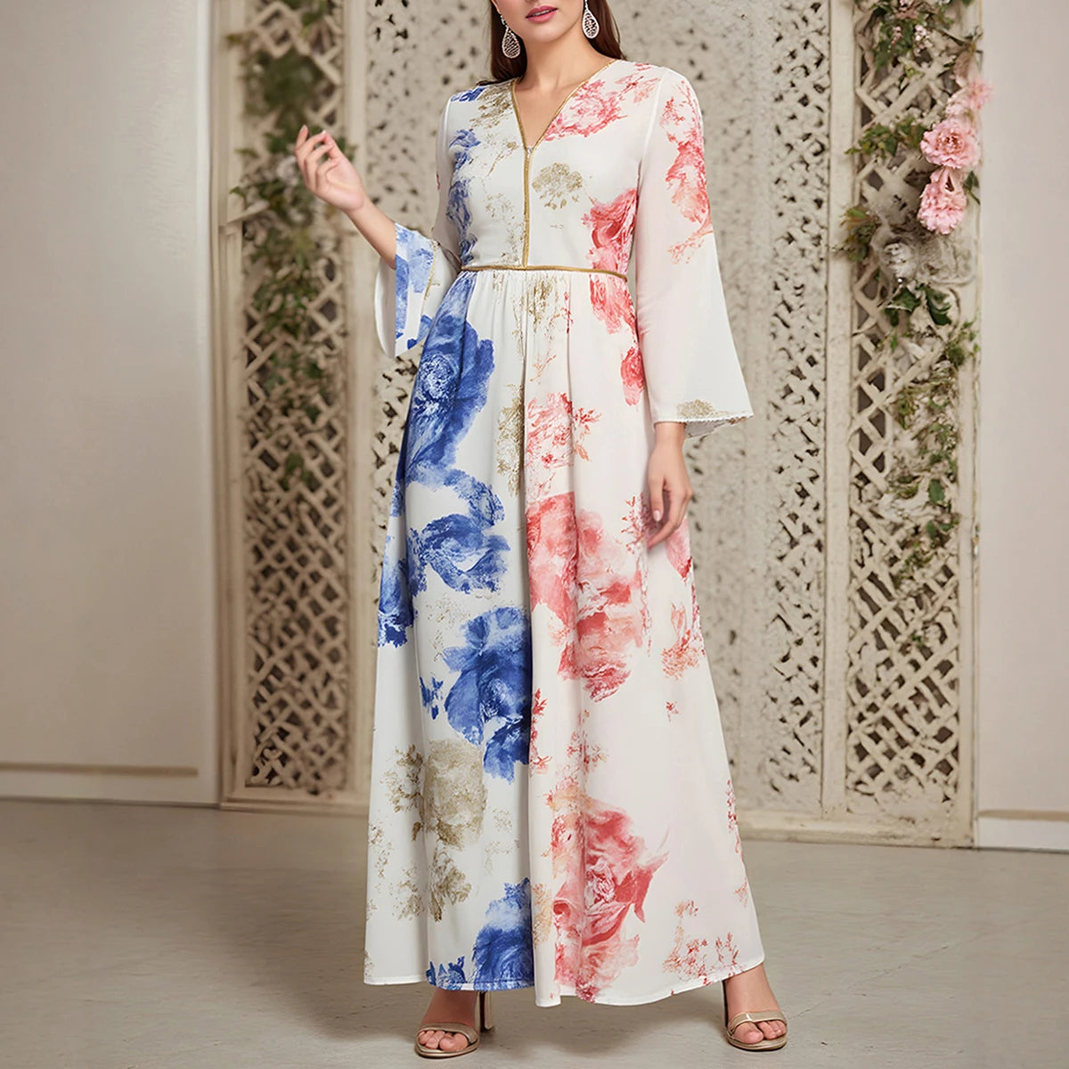 Rafiah Women's Summer Arabian Dress Loose Fit Comfortable Floral Contrast Color Long Sleeve V-Neck Midi Casual Arabian Dress
