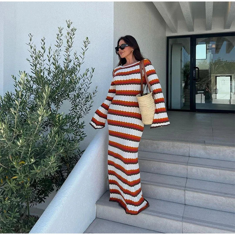 Tossy Striped Contrast Knit Maxi Dress Women Hollow Out Long Sleeve Cover up Summer Loose Ladies Dress High Waist Fashion Dress