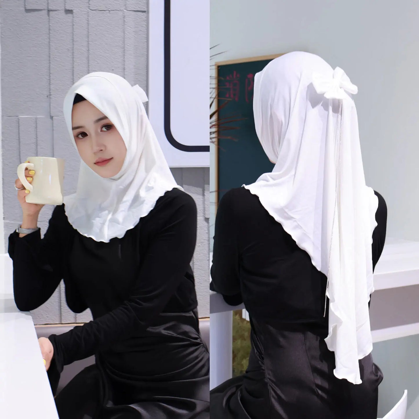Muslim Elegant Girls Instant Hijab with Bowknot Islamic Women Turban Full Cover Scarves Shawl Arab One Piece Amira Head Wraps