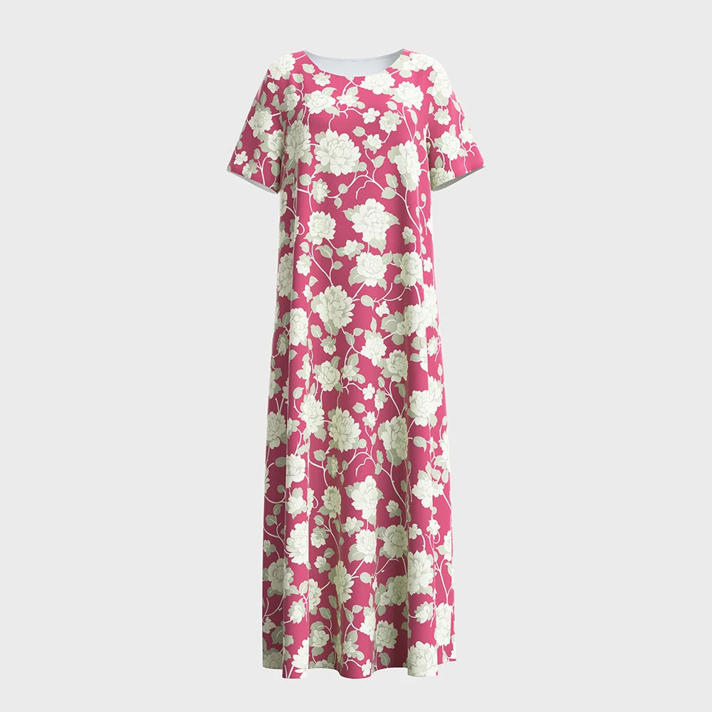 Rafiah Women's Arabian Dress Summer Casual Cultural Full Print Short Sleeve Crew Neck Midi A-Line Long Dress