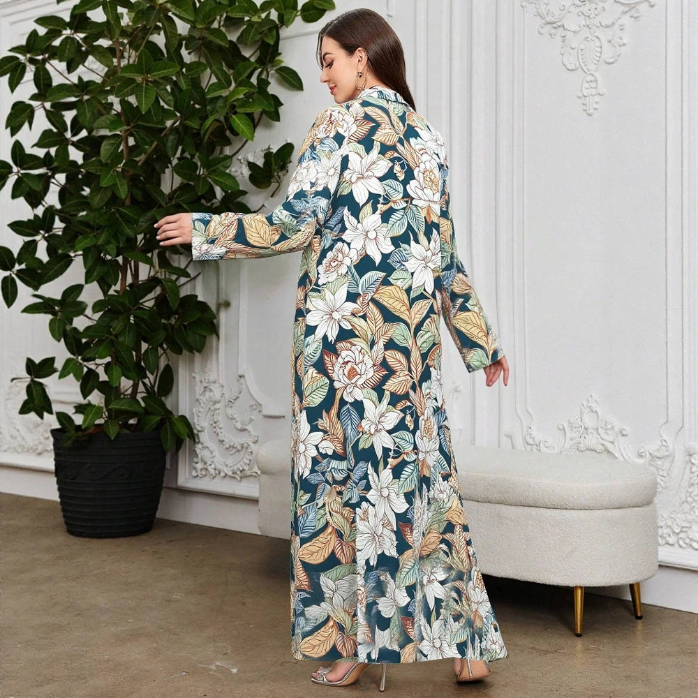 Plus Size Rafiah Women's Summer Arabian Dress 2025 Flower Full Print Long Sleeve Lapel A-Line Long Dress