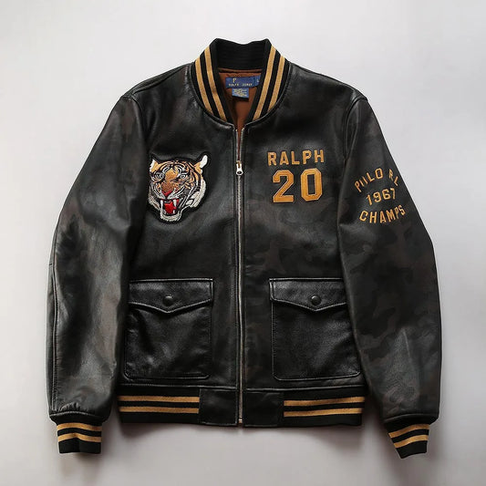 Men's top quality stand collar real leather jacket baseball tiger embroidery Fashion leisure first layer  cowhide leather coat