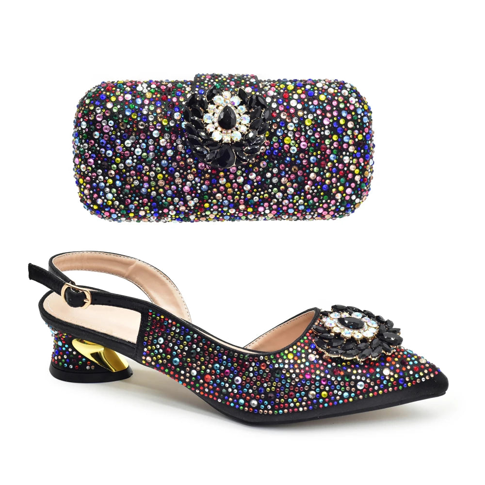 New Italian Shoe and Bag 2025 High Quality Luxury Full Diamond Italian Shoes and Bags Matching Set Decorated with Rhinestone