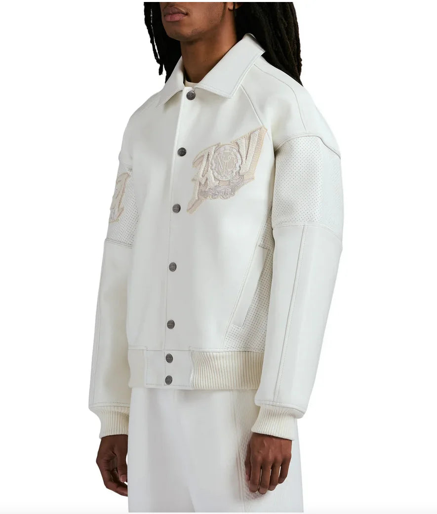 AVIREX Spring 2025 New ListingGold Club chenille embroidery100% antique European lamb leather jacket men's white leather coat