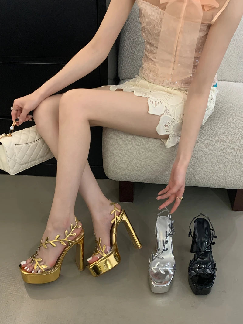 Women’s 13cm Gold Platform Heeled Sandals – Silver Leaves PVC Transparent Party Dress Shoes