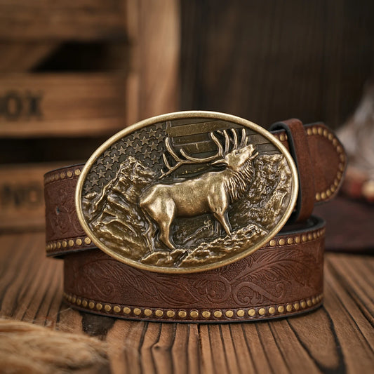Men - Women - Western Denim - pu leather - Belt - Vintage jeans with carved buckle belt
