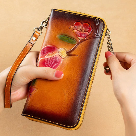 MOTAORA Vintage Genuine Leather Women's Long Wallet | RFID Protected Zipper Purse with Card Holders & Phone Pocket