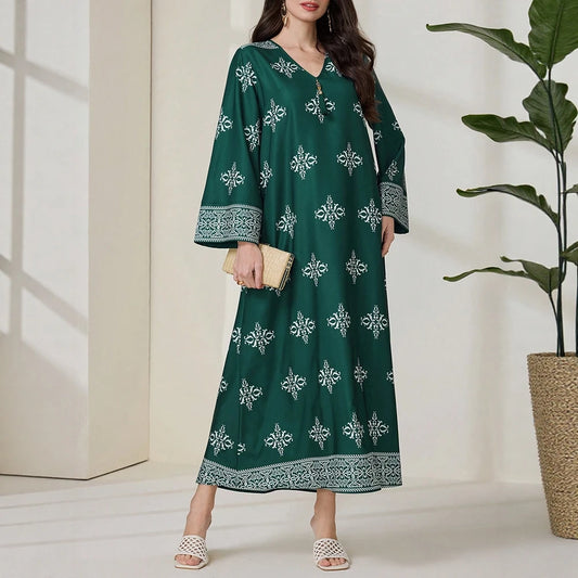 Rafiah dresses 2025 Woman Ramadan Arabic Floral Print V-Neck Long Sleeve Dress for Women Evening Dresses 2025