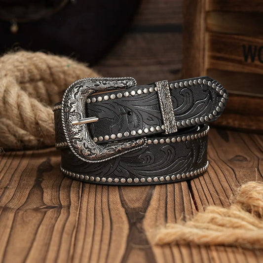 Western Cowboy PU Leather Belt - Men Waist Strap Bull Decoration Floral Engraved for Jeans