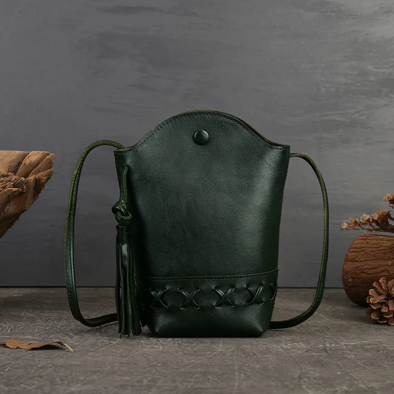 MOTAORA New Small Cowhide Women Shoulder Bag Casual Tassel Bucket Handbag Mini Genuine Leather Mobile Phone Crossbody Bag Purse
