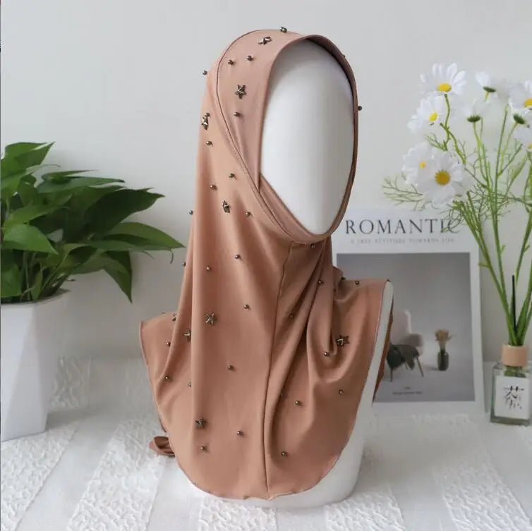 Muslim Women Mesh Beaded Hijab Instant Scarf Cap Islamic Headwraps One Piece Amira Malaysian Headwear Arab Shawls Scarves