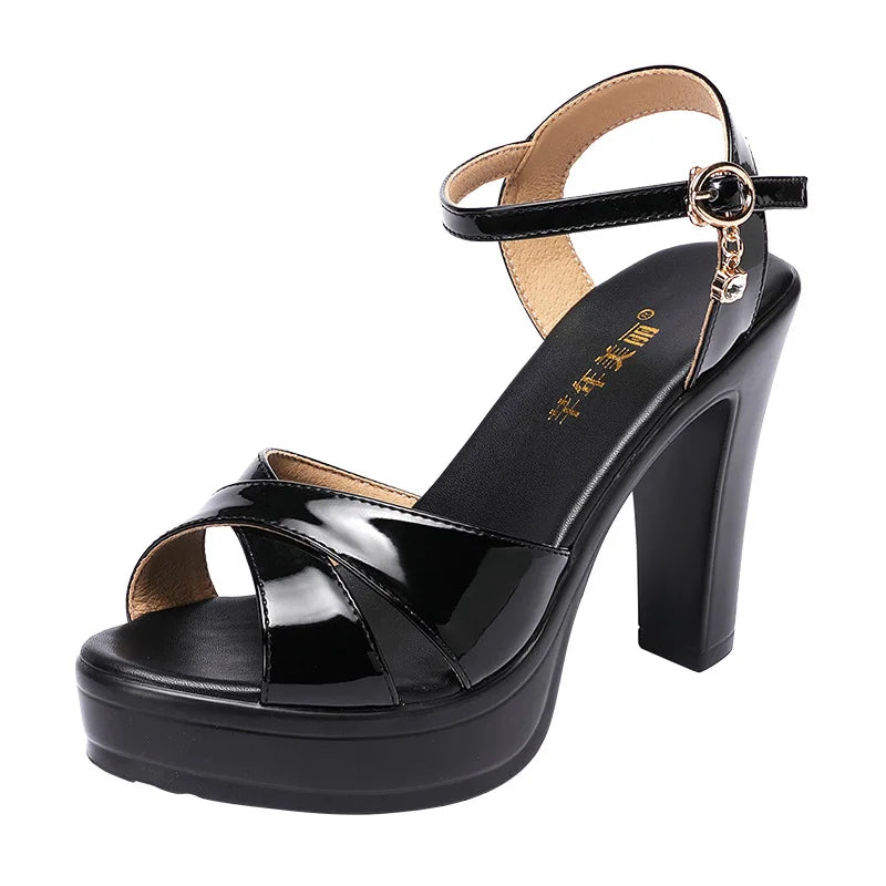 Women’s High Heel Summer Leather Sandals – 10 cm Spike Heel with Platform, Open Toe