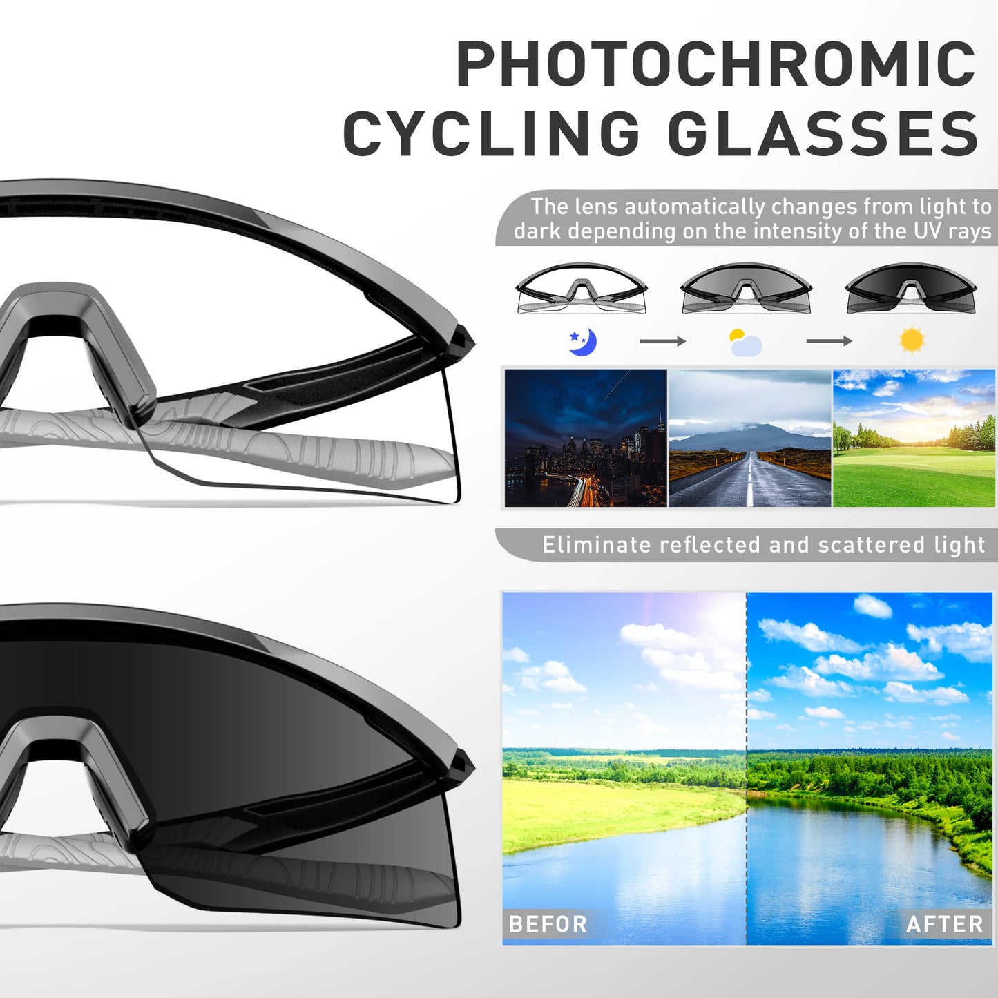 SCVCN Photochromic Sunglasses UV400 Cycling Glasses Bicycle Glasses Sports Men's MTB Road Bike Eyewear Protection Goggles UV400